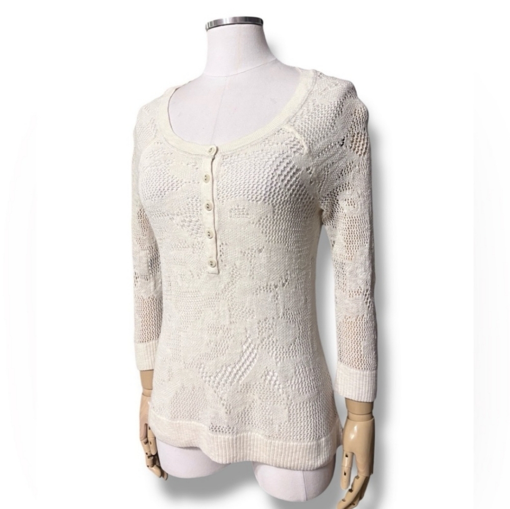 AMERICAN EAGLE OUTFITTERS Cream Scoop Neck Cotton Open Lace Knit Henley